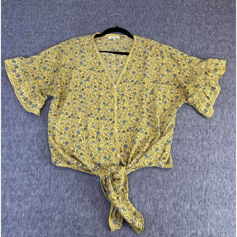 Max Studio Yellow Floral Tie Front‎ Top Medium Short Sleeve Cropped Boho Blouse